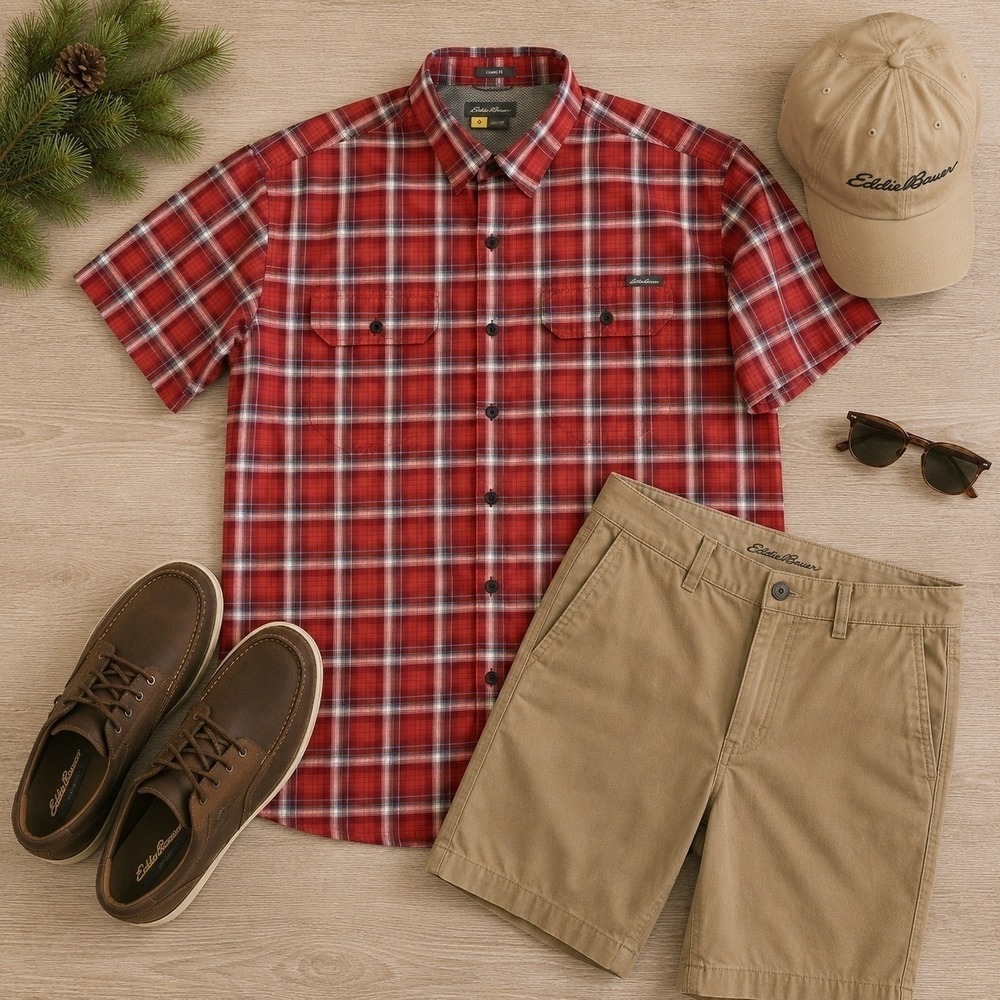 Eddie Bauer Mens XL Classic Fit Red Plaid Short Sleeve Button Up‎ Shirt